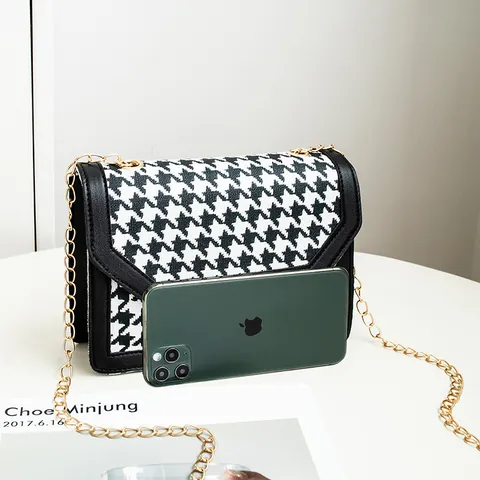 Fashion PU Leather Houndstooth Print Small Square Bag With Chain Strap And Metal Lock Crossbody Shoulder Bag For Women