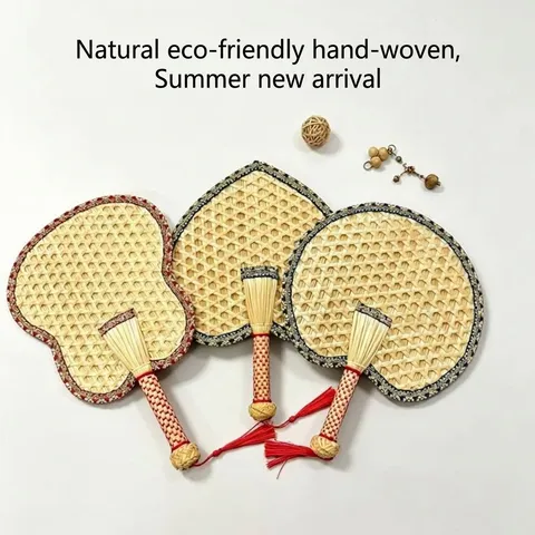 Hand-Woven Natural Wheat Straw Hand Fan Chinese Traditional Vintage Fabric Edging Cattail Palm Cooling Fan With Red Tassel For Decoration Home Summer