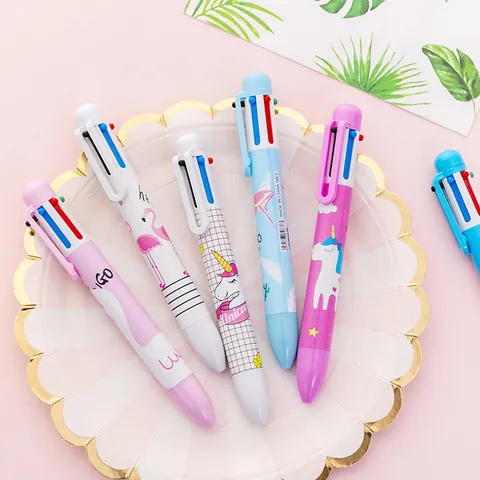 Retractable 6-Color Ballpoint Pen Cartoon Unicorn Flamingo Multi Color Writing Pens For Journaling School Office Students Gift