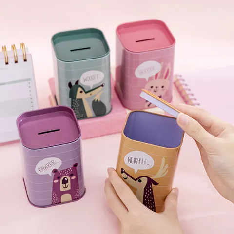 Hucha Creativa Cuadrada de Metal Hojalata Dibujos Animados Animales Estampado Frasco de Almacenamiento Portalápices de Escritorio Para Estudiantes Niños Regalo