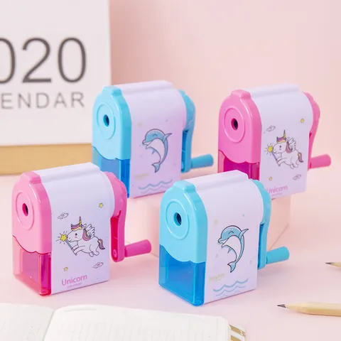 Cartoon Manual Hand Crank Pencil Sharpener For Kids Students Plastic Automatic Feed Sharpener Unicorn Dolphin Stationery Gift