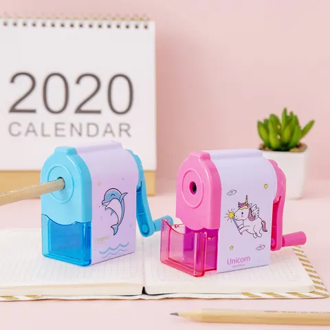 Cartoon Manual Hand Crank Pencil Sharpener For Kids Students Plastic Automatic Feed Sharpener Unicorn Dolphin Stationery Gift