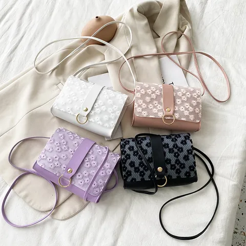 Fashion Women Flower Embroidery PU Leather Crossbody Bag Simple Small Square Shoulder Bag Personalized Mini Phone Pouch Jewelry Decor