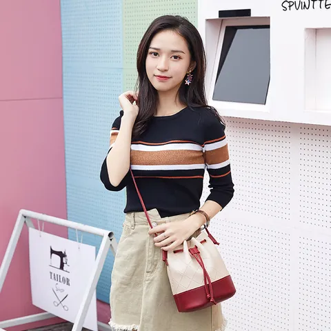 Women Color Block Diamond Quilted Drawstring Bucket Bag Fashion PU Leather Small Crossbody Shoulder Phone Bag Street Trend