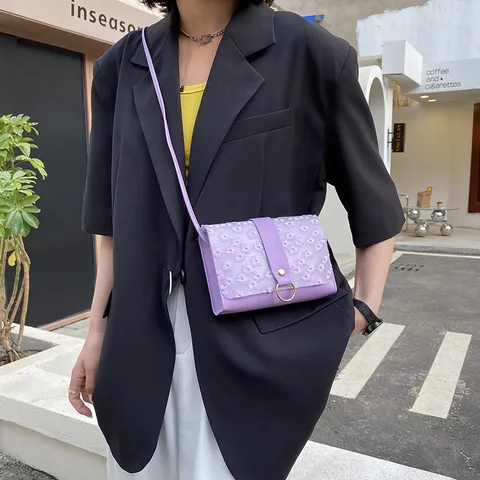 Fashion Women Flower Embroidery PU Leather Crossbody Bag Simple Small Square Shoulder Bag Personalized Mini Phone Pouch Jewelry Decor