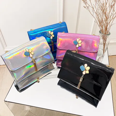 Women Holographic Laser PU Leather Small Square Bag Fashion Hardware Tassel Chain Shoulder Crossbody Phone Pouch