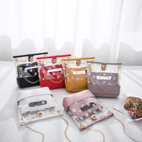 Women Fresh Daisy Print Transparent PVC Crossbody Bag Small Square Chain Shoulder Bag With Inner Pouch