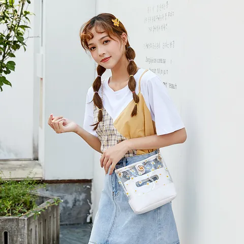 Women Fresh Daisy Print Transparent PVC Crossbody Bag Small Square Chain Shoulder Bag With Inner Pouch