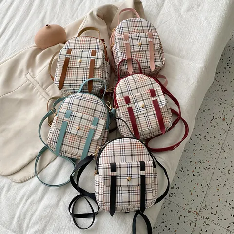Trendy Fashion PU Leather Plaid Mini Backpack Multi-Functional Crossbody Shoulder Bag Cell Phone Bag Color Block Small School Backpack For Women Casual Daily Travel