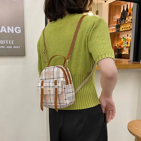 Trendy Fashion PU Leather Plaid Mini Backpack Multi-Functional Crossbody Shoulder Bag Cell Phone Bag Color Block Small School Backpack For Women Casual Daily Travel