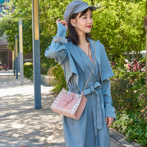 Women Fashion Plaid Contrast Color Square Bag Casual PU Leather Chain Shoulder Crossbody Bag Trendy Female Phone Purse