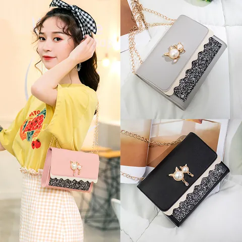 Women Mini Square Crossbody Bag Cat Pearl Buckle Chain Strap Scalloped Edge Sequined PU Leather Shoulder Phone Bag