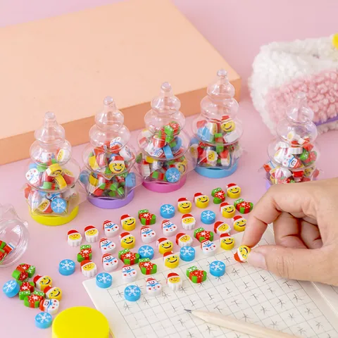 Cute Christmas Tree Bottle Eraser Set For Kids Creative Mini Cartoon Santa Claus Snowflake Slice Erasers Student Stationery Gift Office School Supplies