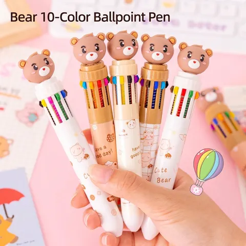 Cute Cartoon Bear Multicolor Ballpoint Pen Press Type Multicolor Writing Pen For Journaling Students Office Supplies