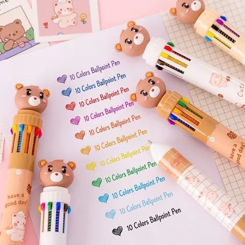 Cute Cartoon Bear Multicolor Ballpoint Pen Press Type Multicolor Writing Pen For Journaling Students Office Supplies
