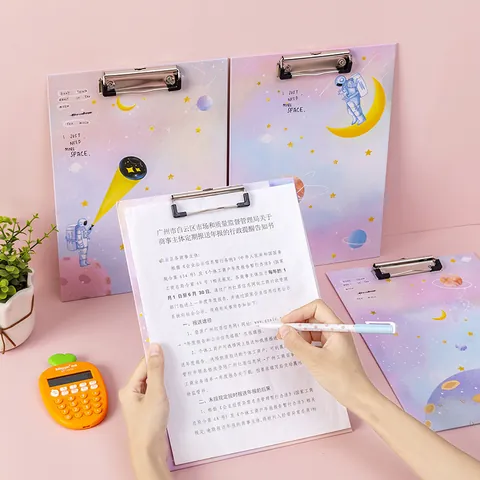 Cartoon A4 Paperboard Clipboard For Office School Astronaut Dinosaur Starry Sky Pattern Writing Pad Document Clip File Folder