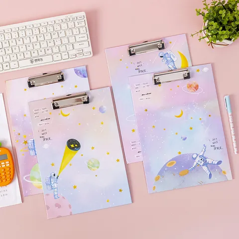 Cartoon A4 Paperboard Clipboard For Office School Astronaut Dinosaur Starry Sky Pattern Writing Pad Document Clip File Folder