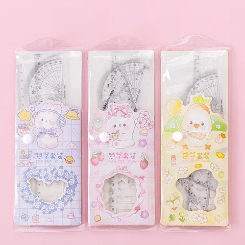 Set de Règle en Plastique de Dessin Animé Mignon Règle Triangle Transparente Rapporteur Papeterie d'Étudiant Fournitures Scolaires