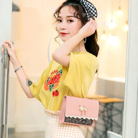 Women Mini Square Crossbody Bag Cat Pearl Buckle Chain Strap Scalloped Edge Sequined PU Leather Shoulder Phone Bag