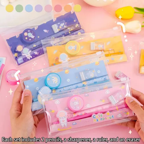 Süßes Astronaut Schreibwaren Set Schüler Bleistift Lineal Radiergummi Spitzer PVC Etui Schulbedarf Geschenk