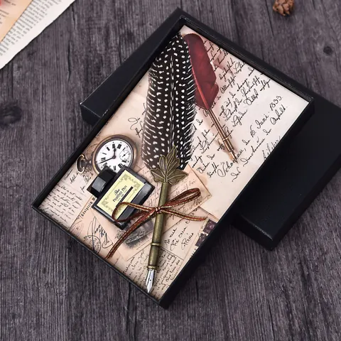 European Retro Feather Dip Pen Set With Ink Bottle And Pocket Watch Vintage Quill Pen Writing Gift Box For Birthday Christmas