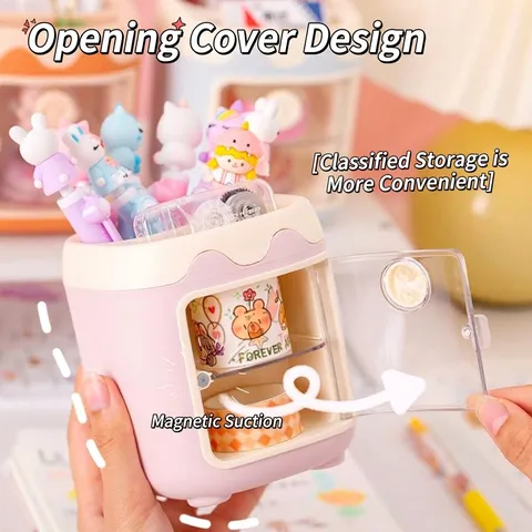 Cute Cartoon Pig Plastic Pen Holder Multi-Grid Desktop Stationery Storage Box With Transparent Door For Student Office Supplies