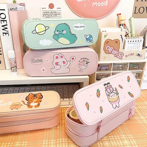 Estuche de Lápices de PU de Doble Capa de Gran Capacidad Dibujos Animados para Estudiantes Bolsa de Almacenamiento Impermeable Multifuncional