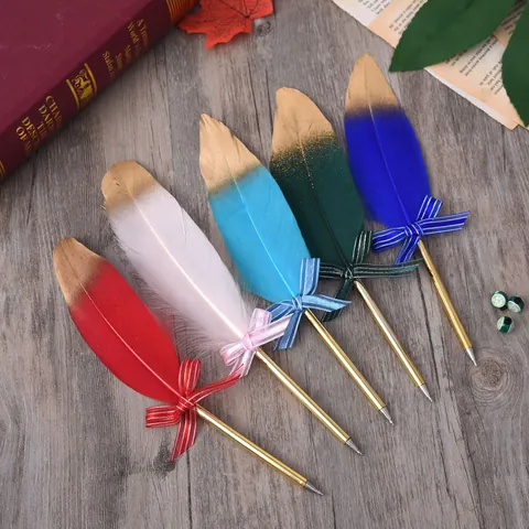 Vintage Gold Sprayed Feather Ballpoint Pen With Bowtie Creative Writing Pen For Christmas Gift School Office Stationery