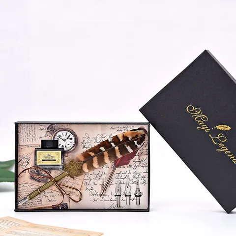 Vintage European Style Feather Dip Pen With Ink And Nibs Metallic Maple Leaf Decoration Antique Calligraphy Writing Gift