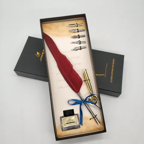 Vintage Feather Dip Pen Gift Set With Ink Replacement Nibs And Pen Holder Retro European Calligraphy Feather Pen Set For Business Writing Christmas Gift
