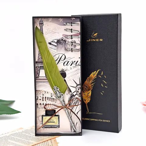 Retro European Vintage Natural Feather Dip Pen Set Metal Stainless Steel Hollow Crown Carving Quill Pen With Ink Gift Box