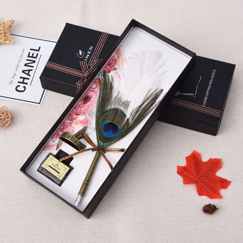 Vintage Peacock Feather Dip Pen Set With Ink And Pen Holder Retro Calligraphy Quill Pen For Writing Gift Wedding Stationery