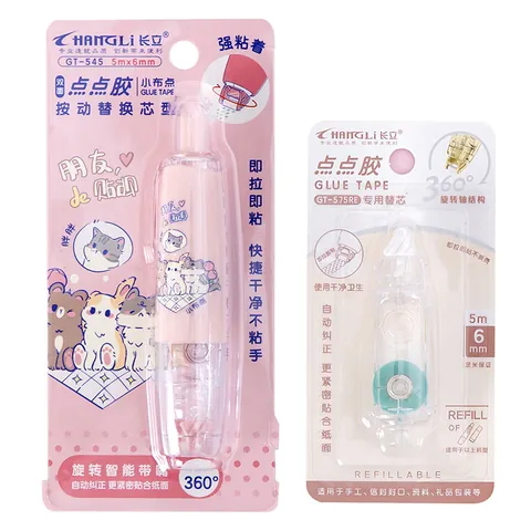 Press-Type Dot Glue Pen Double-Sided Adhesive Tape Pen Replaceable Core Macaron Cartoon Scrapbooking DIY Stationery School Office Supplies