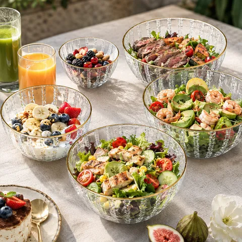 Nordic Clear Ribbed Plastic Salad Bowls Set With Lids Hammered Texture Large Mixing Bowls For Kitchen Serving Gilded Rim