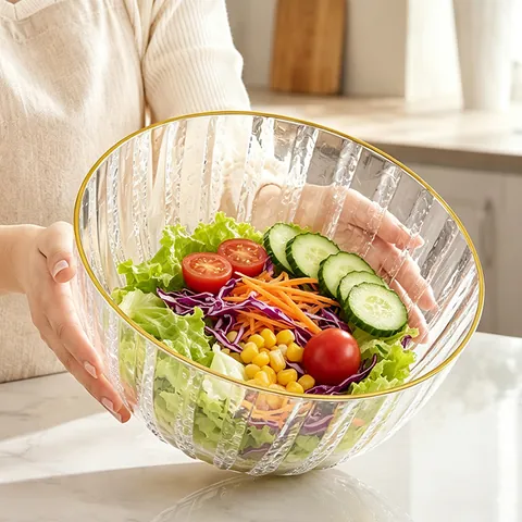 Nordic Clear Ribbed Plastic Salad Bowls Set With Lids Hammered Texture Large Mixing Bowls For Kitchen Serving Gilded Rim
