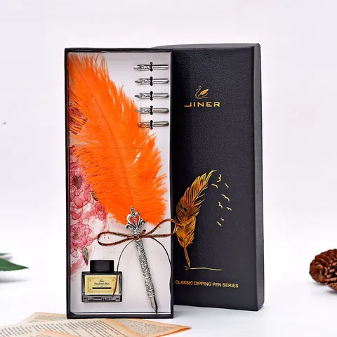 Vintage European Feather Dipping Pen Ink Bottle Case Metal Engraved Writing Fountain Pen Retro Office Business Christmas Gift