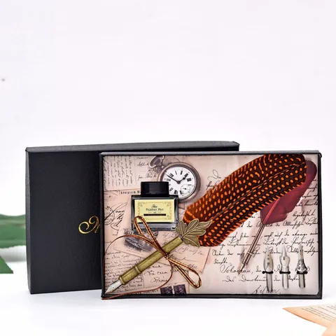 Vintage Feather Dip Pen Ink Kit With Metal Nibs For Writing Christmas Office Stationery Gift Caligraphy Feather Pen Box