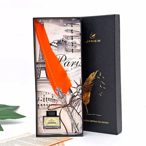 Retro European Vintage Natural Feather Dip Pen Set Metal Stainless Steel Hollow Crown Carving Quill Pen With Ink Gift Box