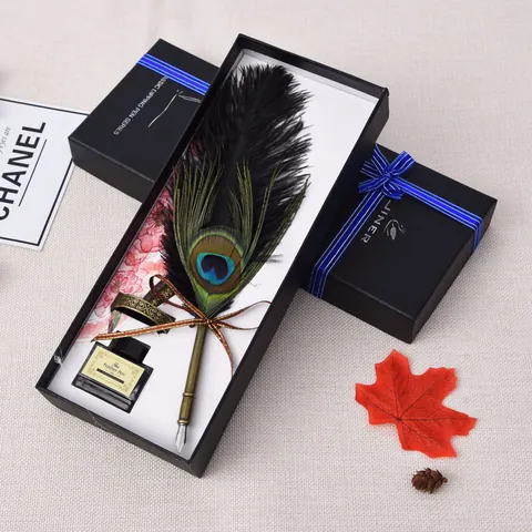 Vintage Peacock Feather Dip Pen Set With Ink And Pen Holder Retro Calligraphy Quill Pen For Writing Gift Wedding Stationery