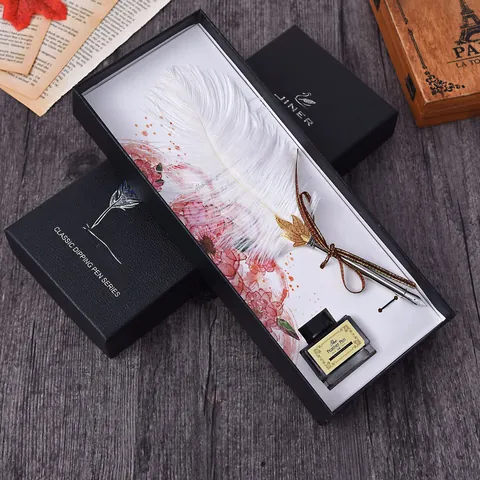 Britisches Retro Natur Straußenfeder Tauchfeder Set Mit Tinte Und Geschenkbox Vintage Kalligraphie Federkiel Zum Schreiben Büro Business Geschenk