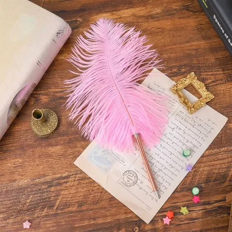 Bolígrafo de Pluma de Avestruz Vintage Europeo Metal Oro Rosa Bolígrafo de Firma Creativo para Boda Fiesta Oficina Hogar Decoración Regalo Mujer