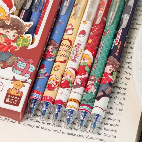 Christmas Erasable Gel Pens Blue Ink Cartoon Santa Reindeer Pattern Student Writing Stationery Festive Gift