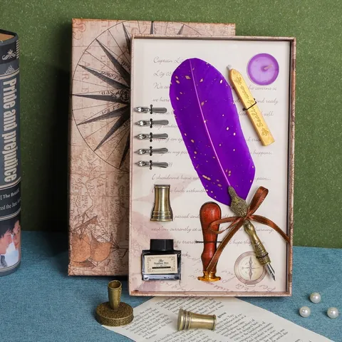 Kit Penna a Calamaio Vintage in Piuma con Incisione Sigillo in Ceralacca Base Scrittura Retro Collezione Cancelleria Mappa Regalo