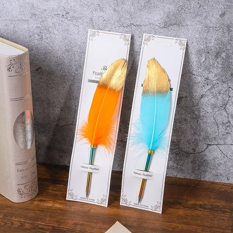 Vintage European Gradient Feather Pen Copper Metal Retro Quill Pen For Wedding Office School Students Stationery Gift