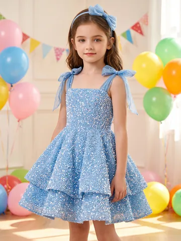 Sequin Mesh Bow Children Princess Dress Light Blue Sleeveless Flower Girl Wedding Party Formal Performance Gown For Girls