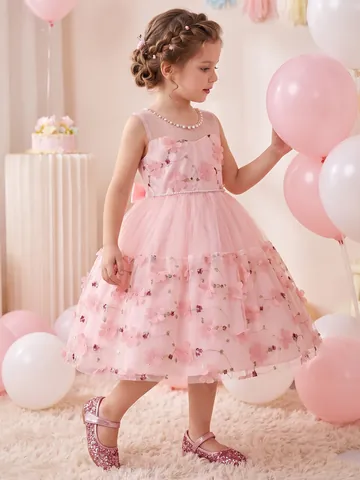 Girls Embroidery Lace Dress Flower Girl Party Gown Princess Sleeveless Three-Dimensional Floral Applique Wedding Dress