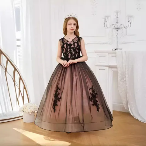 Vinyon Lace Rhinestone Flower Girl Dress For Wedding Party Performance Hostess Princess Gown Puffy Tulle Long Gowns For Girls