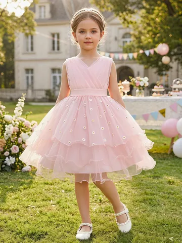 Girls Pink Multi Layer Mesh Tulle Princess Dress Little Daisy Embroidery Kids Flower Girl Wedding Party Performance Cake Skirt Vestido