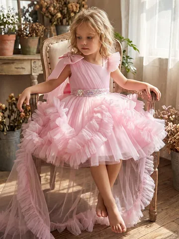 Kids Girls Mesh Performance Dress Sequin Asymmetric Shoulder Bow Tiered Tulle Princess Ball Gown With Long Trail