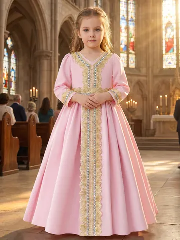 Girls Ethnic Luxury Embroidered Long Gown Pink Floral Tassel Formal Dress Kids Princess Wedding Performance Party Birthday Dress